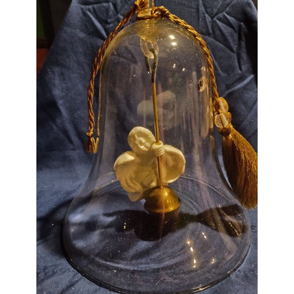 Balos Glass Bell with Ceramic Angel Clapper and Tassel, 8" Tall